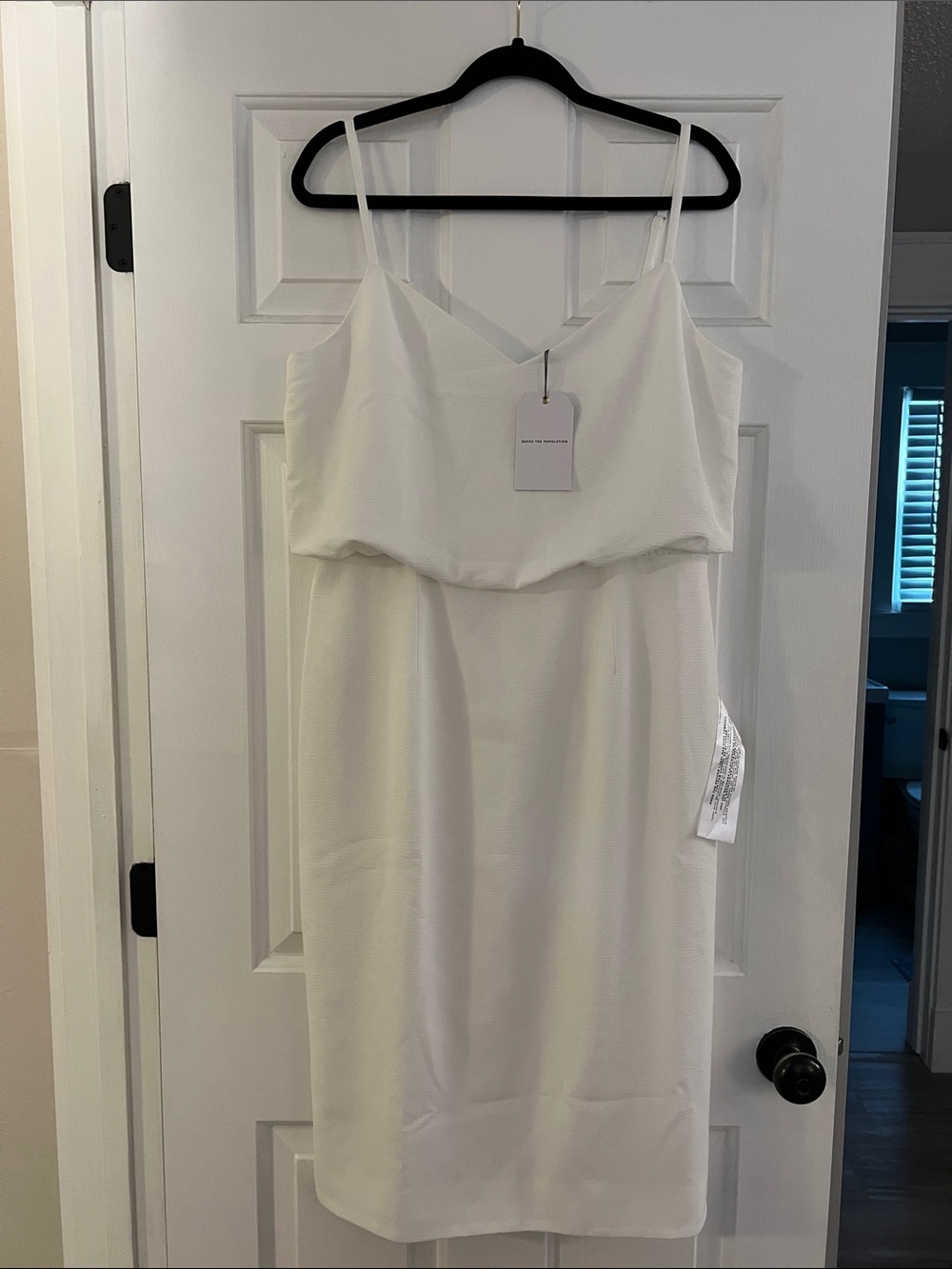 Dress the Population White Midi Sheath Dress with Spaghetti Straps